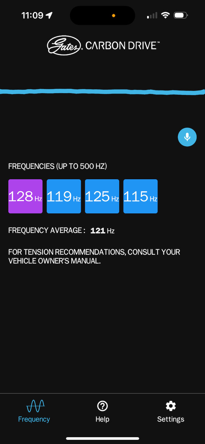 Screenshot of Gates Carbon Drive app showing four measurements: 128 Hz, 119 Hz, 125 Hz, 115 Hz